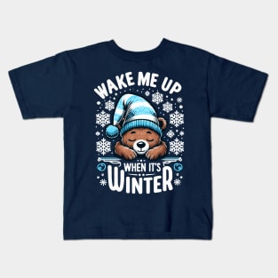 "Winter Slumber" - Cute Bear in Snowflakes Design Kids T-Shirt